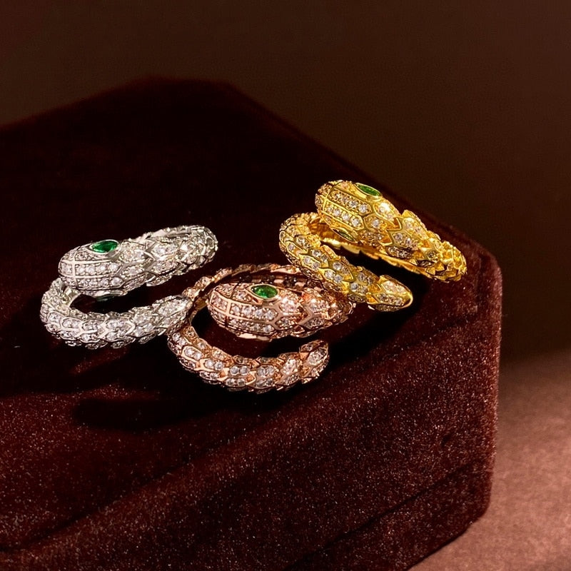 CELESTINE Scaly Snakelike Snake Serpent Wrap Around Bracelet & Ring Jewelry Set Paved with Czech Zircon Gold Plated Color Green Eye