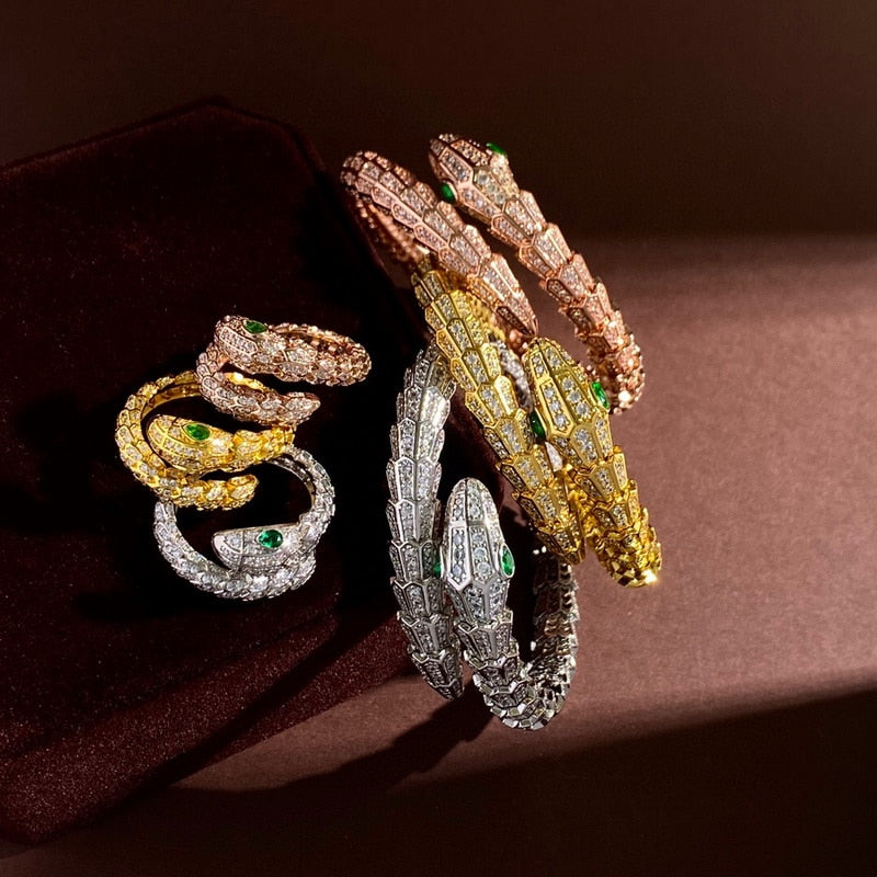 CELESTINE Scaly Snakelike Snake Serpent Wrap Around Bracelet & Ring Jewelry Set Paved with Czech Zircon Gold Plated Color Green Eye