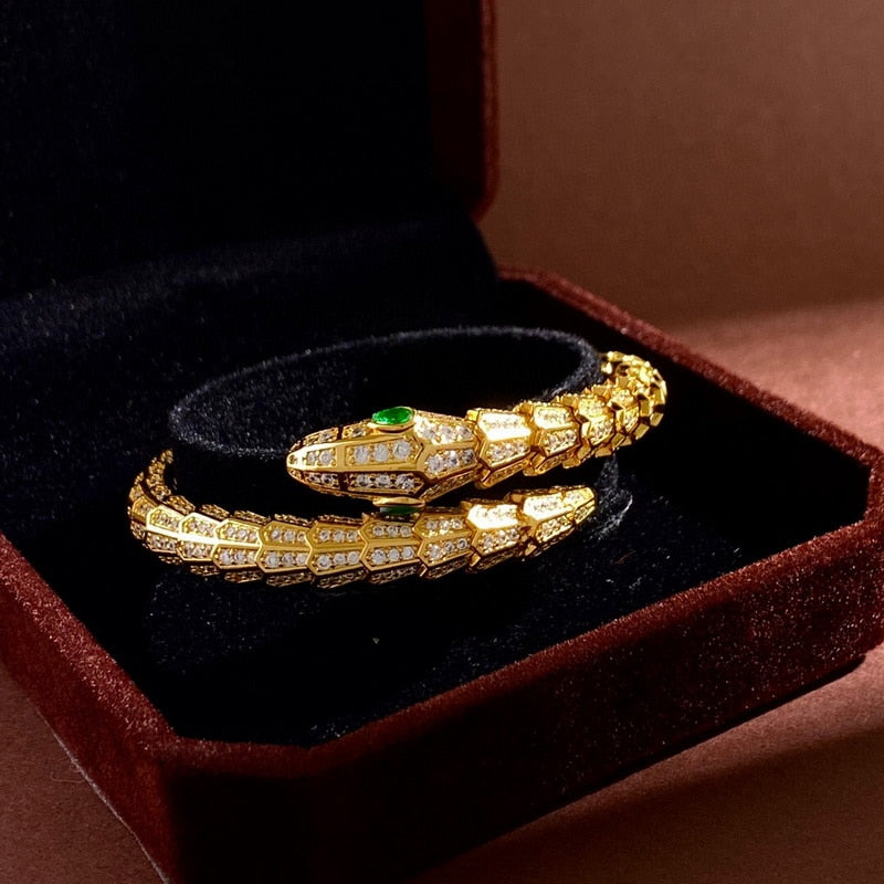CELESTINE Scaly Snakelike Snake Serpent Wrap Around Bracelet & Ring Jewelry Set Paved with Czech Zircon Gold Plated Color Green Eye