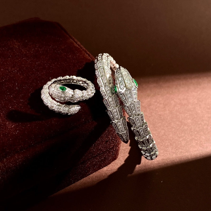 CELESTINE Scaly Snakelike Snake Serpent Wrap Around Bracelet & Ring Jewelry Set Paved with Czech Zircon Gold Plated Color Green Eye