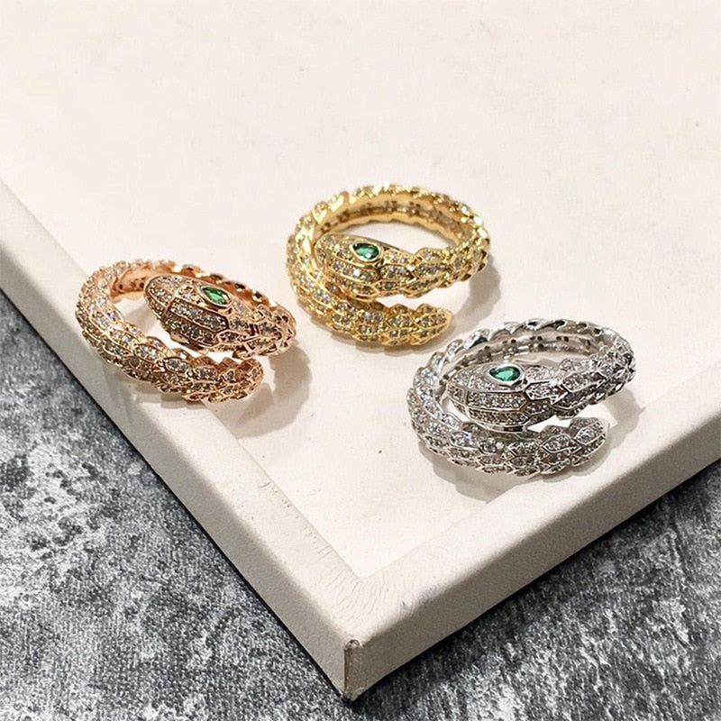 CELESTINE Scaly Snakelike Snake Serpent Wrap Around Bracelet & Ring Jewelry Set Paved with Czech Zircon Gold Plated Color Green Eye