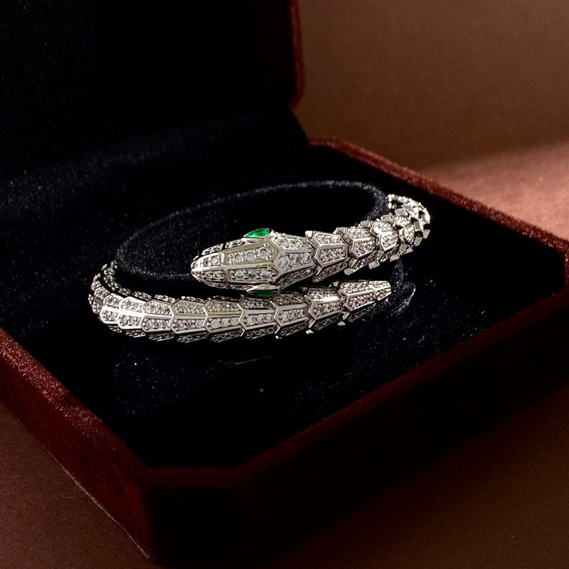 CELESTINE Scaly Snakelike Snake Serpent Wrap Around Bracelet & Ring Jewelry Set Paved with Czech Zircon Gold Plated Color Green Eye