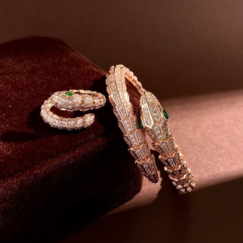 CELESTINE Scaly Snakelike Snake Serpent Wrap Around Bracelet & Ring Jewelry Set Paved with Czech Zircon Gold Plated Color Green Eye