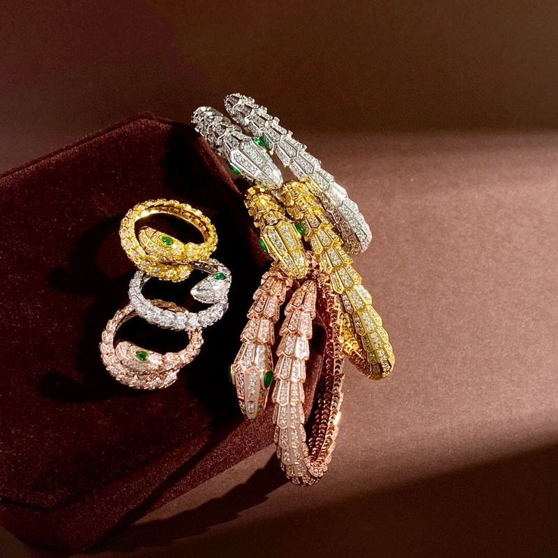 CELESTINE Scaly Snakelike Snake Serpent Wrap Around Bracelet & Ring Jewelry Set Paved with Czech Zircon Gold Plated Color Green Eye