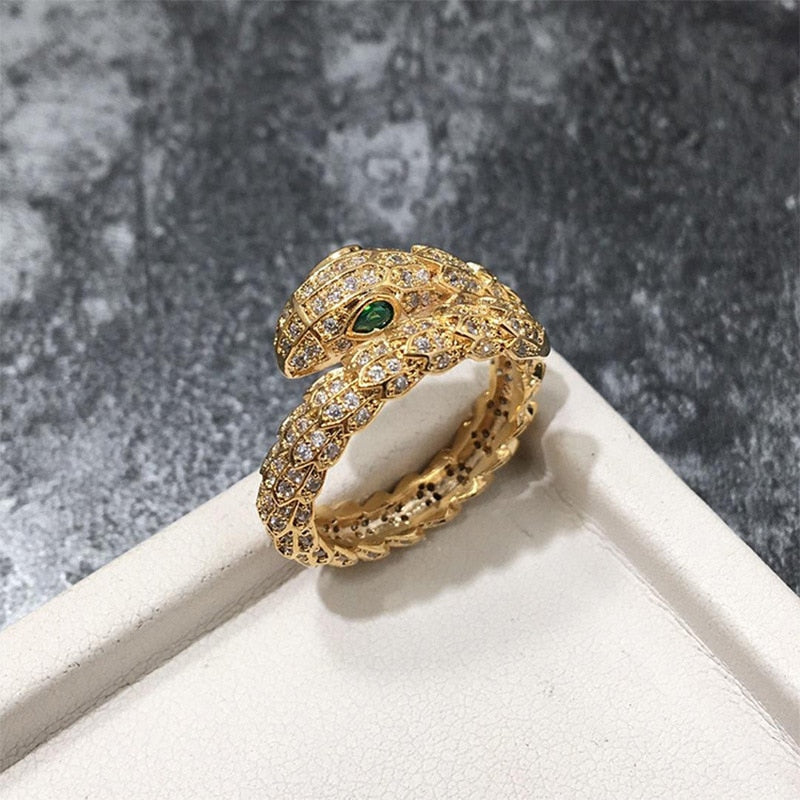 CELESTINE Scaly Snakelike Snake Serpent Wrap Around Bracelet & Ring Jewelry Set Paved with Czech Zircon Gold Plated Color Green Eye