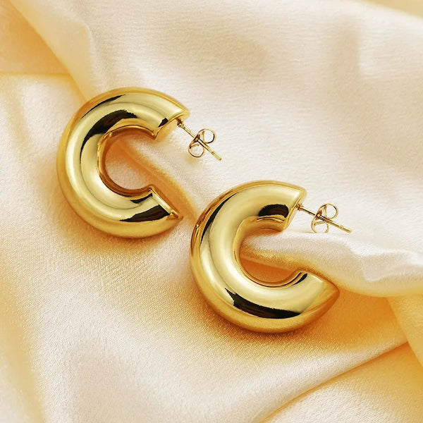 Chunky Hoop Earrings Gold Plated Tube Thick Hoops