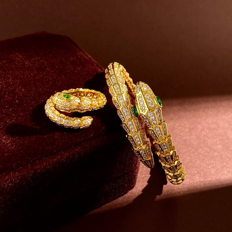 CELESTINE Scaly Snakelike Snake Serpent Wrap Around Bracelet & Ring Jewelry Set Paved with Czech Zircon Gold Plated Color Green Eye